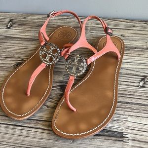 Tory Burch Sandals Womens size 8 Jeweled coral orange Patent Leather Shoes